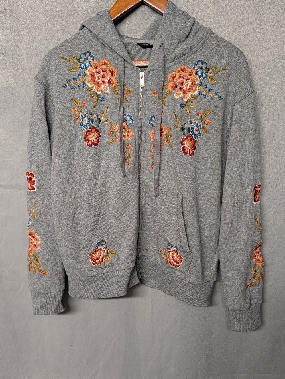 DRIFTWOOD Neptune Gray Zip Hoodie with Pink + Gold Floral Embroidery Size Small